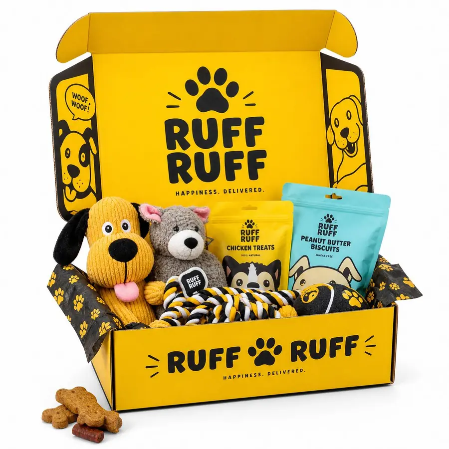 Ruff Ruff branded monthly subscription box filled with dog toys and treats